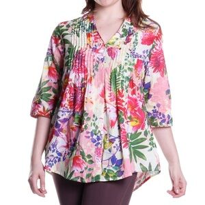 La Cera Tropical Garden Print Tunic Top Size 2X 100% Cotton Pockets Breezy
